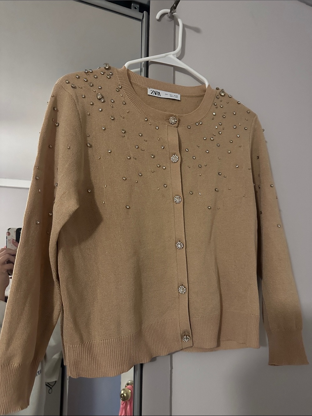 Zara Camel Beaded Pearl-Button Cardigan